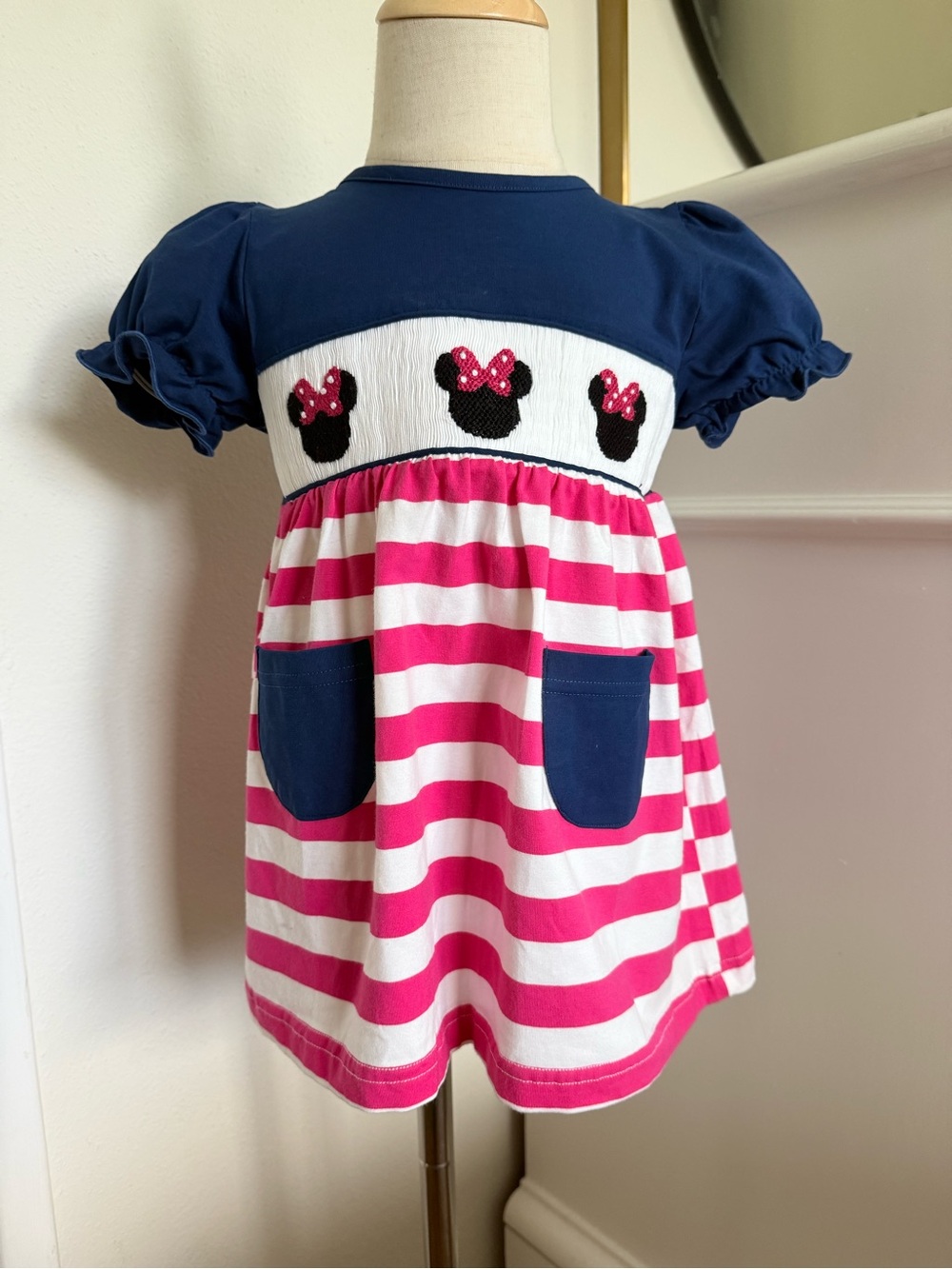Busy Bees Smocks Girls 3 Minnie Mouse Smocked Pink Stripe Top